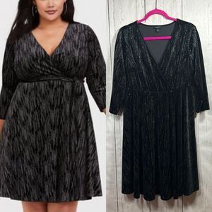 Torrid Black Metallic Shimmer Velvet Faux Wrap Dress 1X Long Sleeve Party